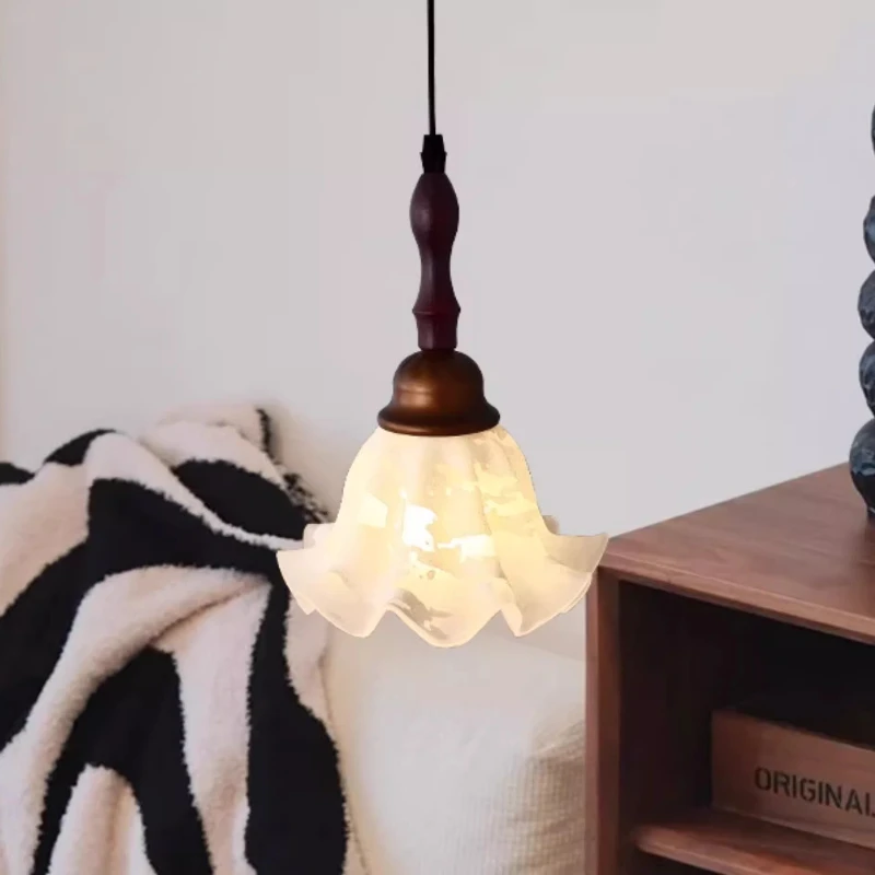 الفرنسية الأبيض ندفة الثلج نمط زهرة شكل الزجاج قلادة LED أضواء غرفة المعيشة غرفة نوم مطعم المطبخ مصابيح معلقة خشبية #6