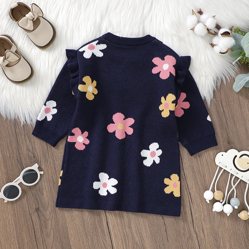 Baby Sweaters Dress Long Sleeve Autumn Infant Girls Skirt Knitted Newbron Children Clothing Fashion Ruffles Cute Cartoon Florals