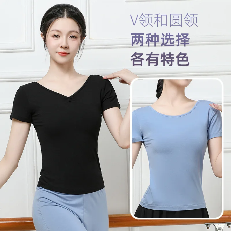 Odzież treningowa dla dorosłych z wycięciem pod szyją, krótkimi rękawami, test artystyczny, nauczyciel tańca z dekoltem w kształcie litery V, klasyczna odzież do ćwiczeń tanecznych