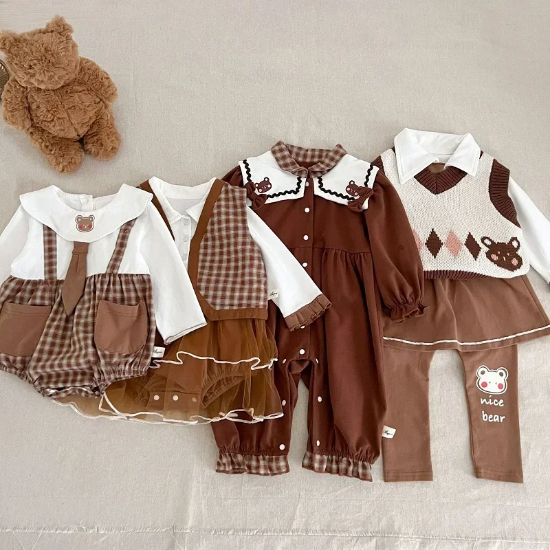 

2023 Autumn Baby Girl Clothes 0-3Years Kids Long Sleeve Dress Romper Skirted Pant Bow Jumpsuit Bowtie Shirt Waistcoat 7PCS Suit