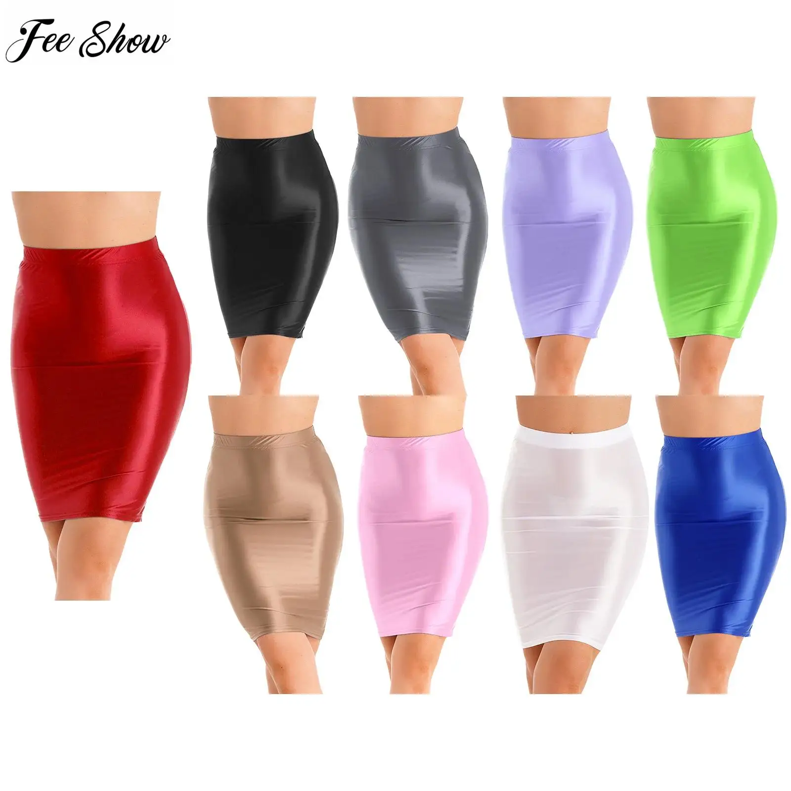 

Womens Glossy Mini Pencil Skirt Stretchy High Waist Solid Color Bodycon Skirts for Club Party Music Festival