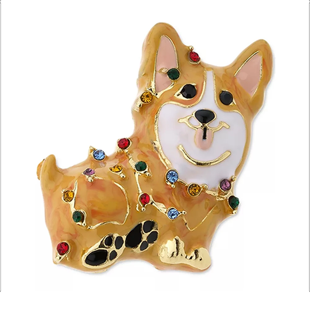 Catuni Christmas Corgi Pin Enamel Pet Dog Brooch Crystal Animal Lapel Lanyard Bag Badge Accessory Jewelry Gift for Women Men