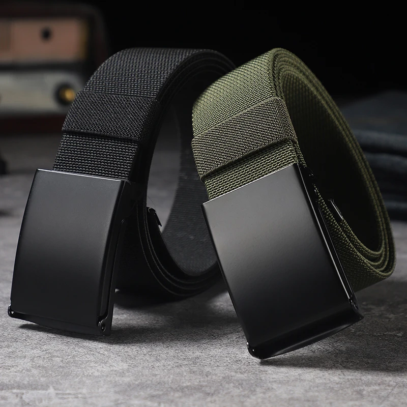 Non perforated and non punched men\'s automatic buckle waistband with elastic canvas belt, women\'s Korean version versatile stude