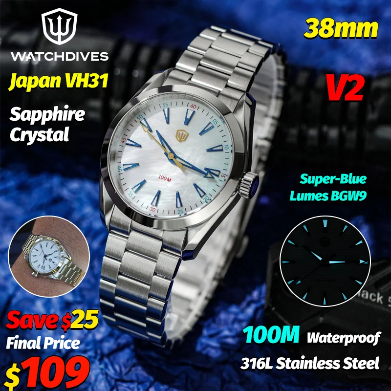 Watchdives WD0006 VH31 Sweep Quartz Watch Men 38Mm AR Sapphire Crystal 100M Waterproof BGW9 Luminous Stainless Steel Wristwatch