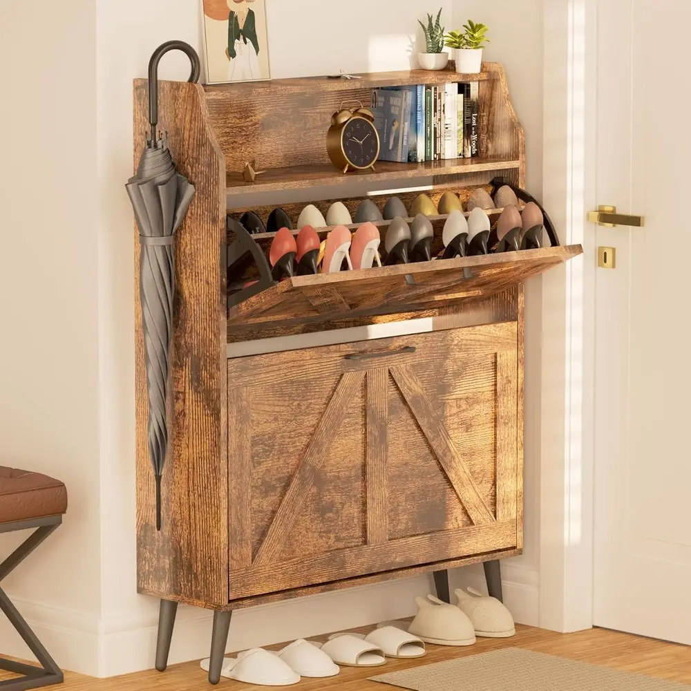 

Slim 9.35 Entryway Shoe Cabinet with Top Shelf, Holds 34 Pairs, Rustic Wooden Storage