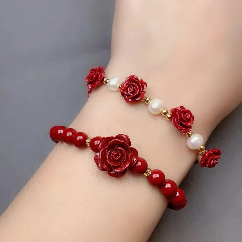 

Rose Lucky Beads Real Cinnabar Bracelet Female Attracting Luck Fortune Birth Year Charm Handstring Jewelry Gifts for Girlfriend