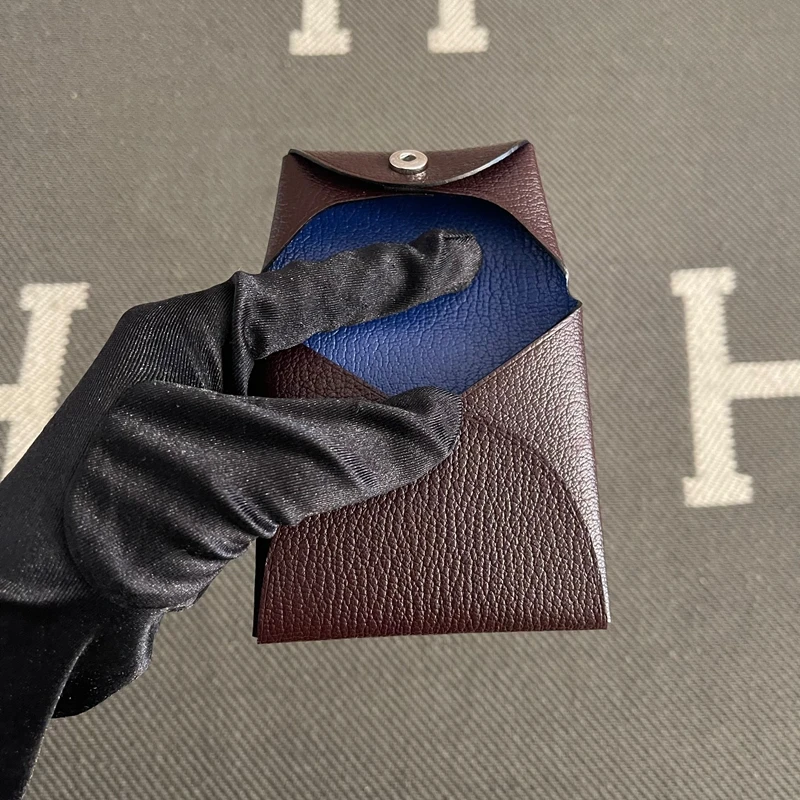 Genuine Leather Goat Skin  Blue Small Square Bag Button Coin Purse Document Bag Uke Wood Color Splicing Practicality