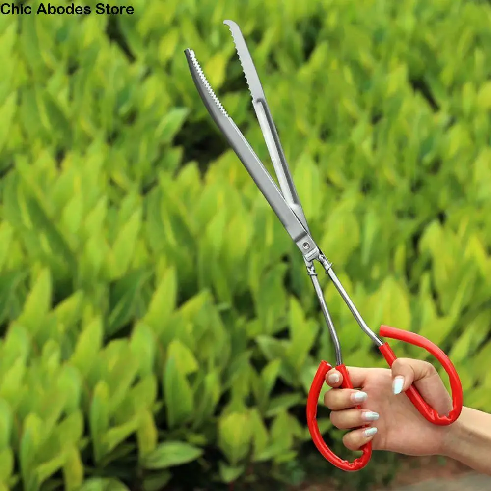

Red Handle Multi-function Stainless Steel Tongs Extra Long Serrated Jaw Outdoor Fishing Catch Tool Anti-Skid Plastics