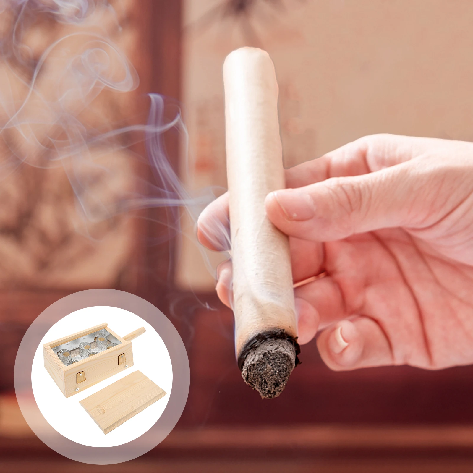 

Portable Moxibustion Box Wooden Metal Moxa Burner Case 6 Holes Acupuncture Body Pot Home Use Storage Health Care