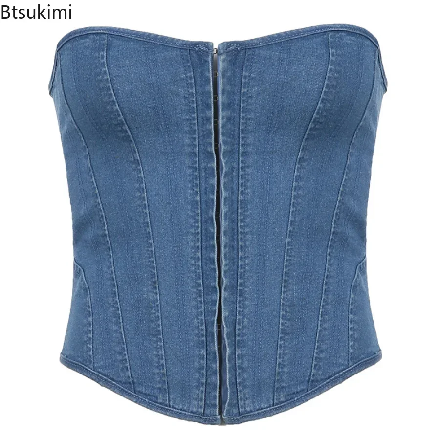 

2025 Women's Strapless Denim Corset Backless Lace-up Sexy Bustier Night Clubwear Basic Tube Top Y2K Jean Cami Ladies Sexy Top