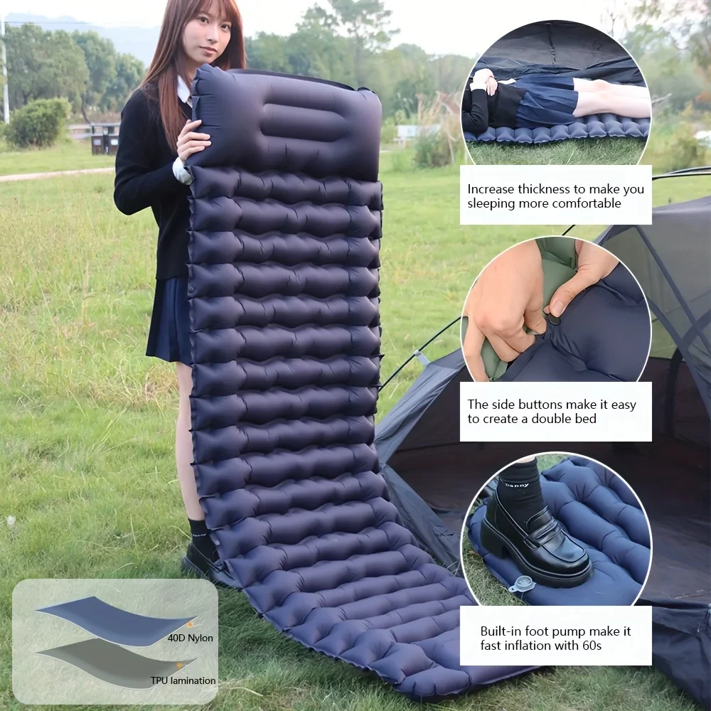Camping Sleeping Pad, Ultralight Camping Mat with Pillow Built-in Foot Pump Inflatable Sleeping Pads Compact for Camping