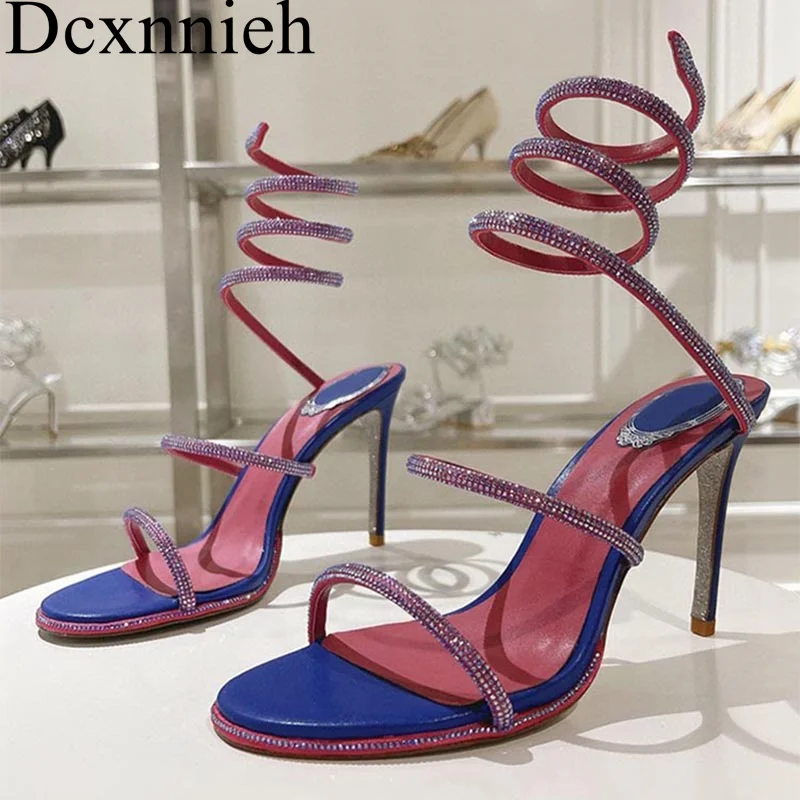 

Women Sexy Thin High Heels Sandals Woman Rhinestone Ankle Snake Twine Around Party Prom Shoes Female Crystal Gladiator Sandals