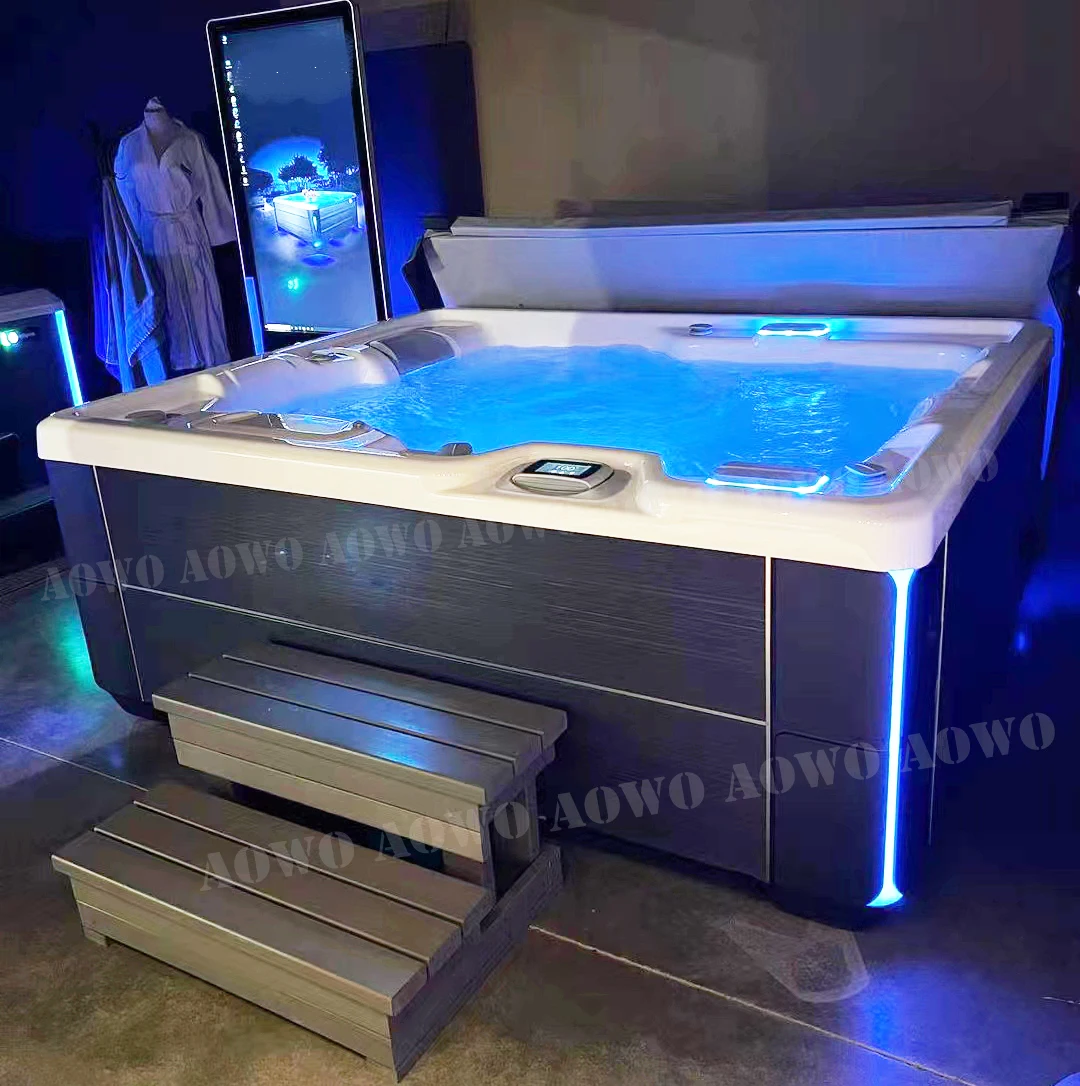 Hot Tube Outdoor 6 Person whirlpool Tub Balboa Garden Hot Water Heater Tub Swim Spa Inflation Tub with Left Lid and Wood Step