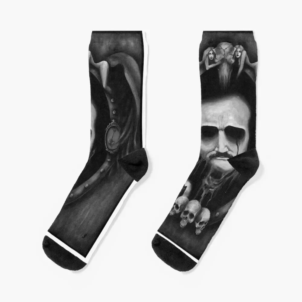 Dark Edgar, Edgar Allan Poe, Romanticism, dark art painting, monochromatic art, raven, skull, black cat, gothic, goth Socks