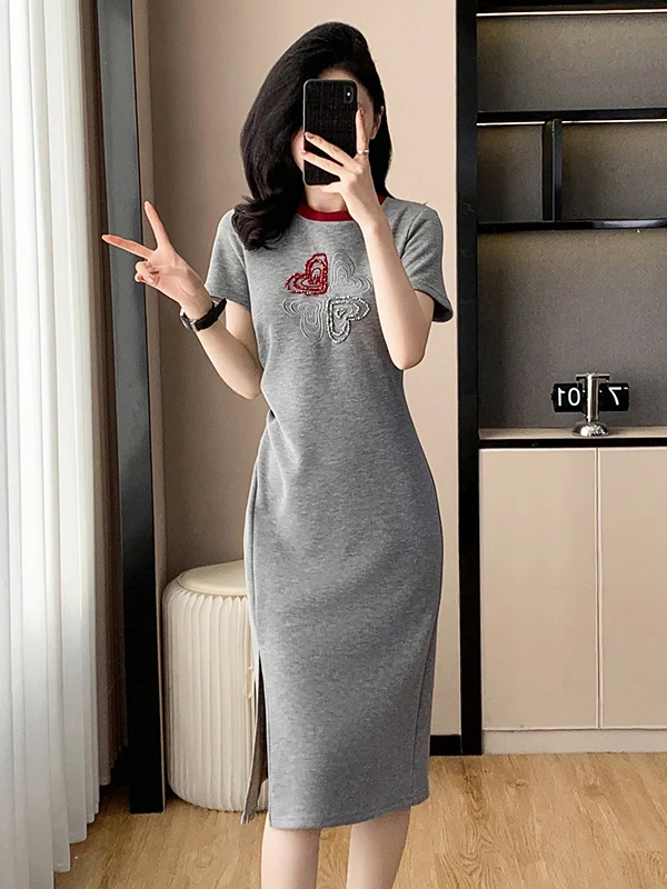 

plus Size Women's Ele Slit Dr Summer New Slimming ort Sve Design Casual Sle Pure Color Cotton Blend Dr