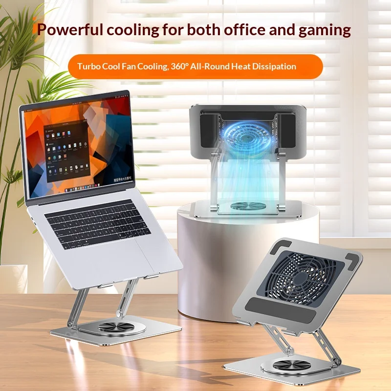 360° Rotating Laptop Cooler with Turbo Fan, Non-Slip Silicone & Arc Damping Shaft, Durable Carbon Steel Stand for 12-17.3