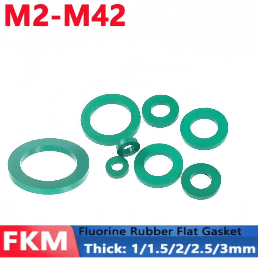 M2-M32 Green Fluorine Rubber Flat Gasket 1/1.5/2/2.5/3mm Thick Wear Resistant Seal Washer M3 M4 M5 M6 M7 M8 M9 M10 M11