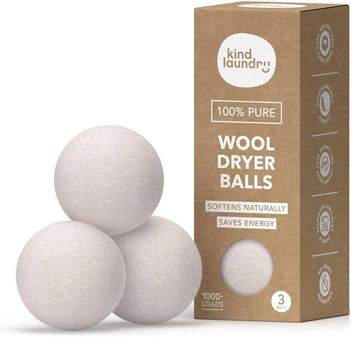 

Natural Wool Dryer Balls, Pack Of 3 - Speeds Drying, Softens Laundry, Removes Pet Hair & Lint