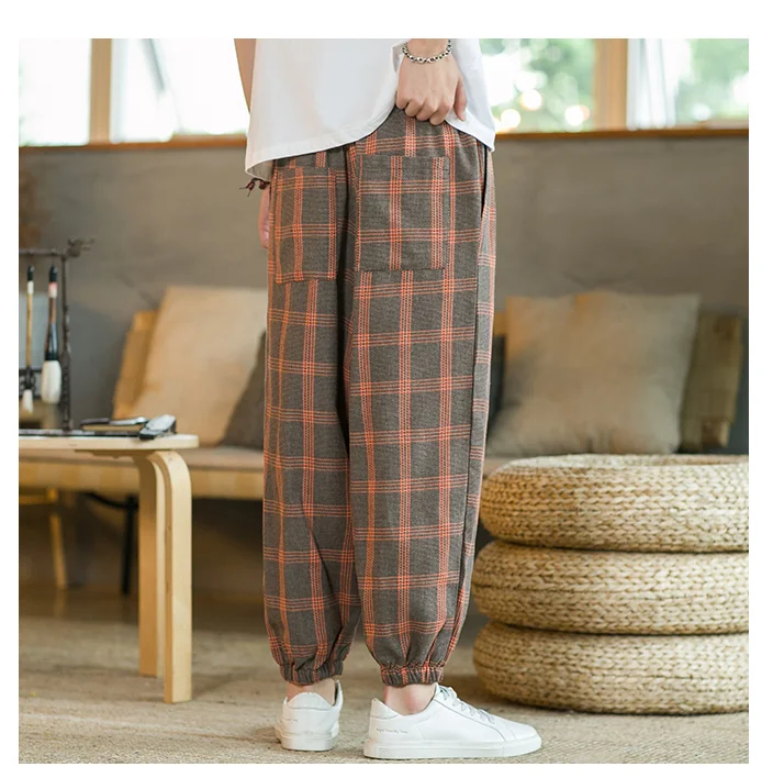 Hosen herren y2k hosen Eis chinesischen Stil Baumwolle Casual Hosen Männer Sommer Atmungs Dünne Abschnitt Pluderhosen Bequeme Lose Plaid Hosen