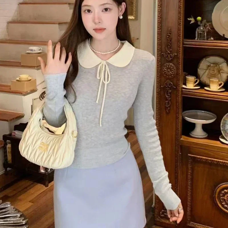 Sweet Knitted Pullovers Women Basic Clothes Korean Style Peter Pan Collar Slim Temper Autumn Lace-up Design Age-reducing Cozy