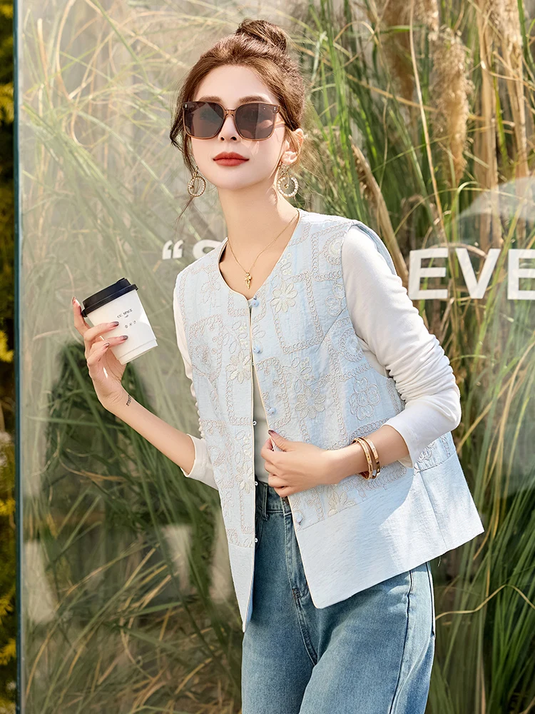 

New Chinese Style Embroidered Vest Women's Fashionable Outerwear Autumn Wear Age-Defying Tang Suit Design Commute Style