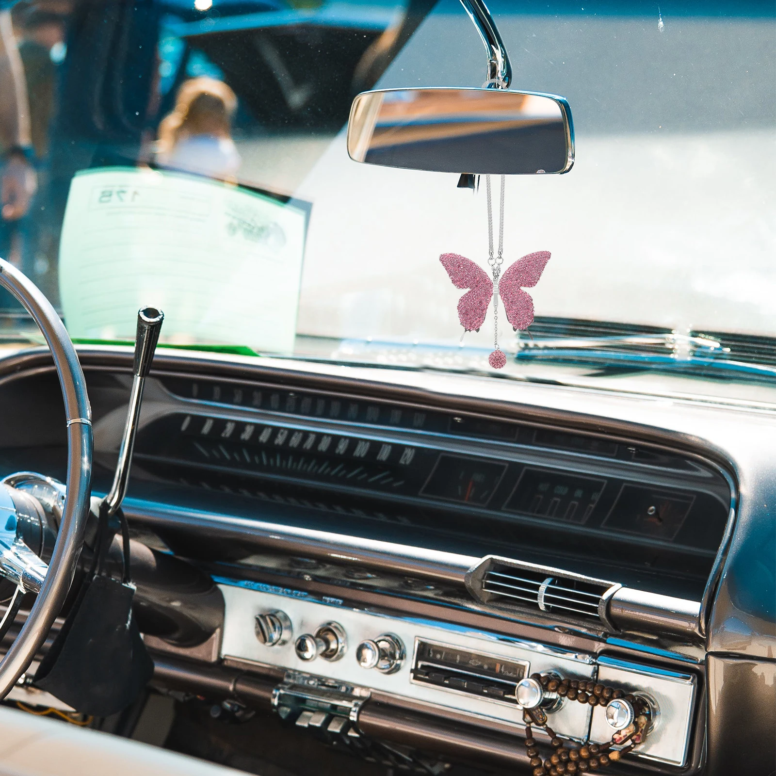 

Butterfly Pendant Car Hanging Ornament Rhinestone Stainless Steel Clay Material Rearview Mirror Accessories Car Decoration