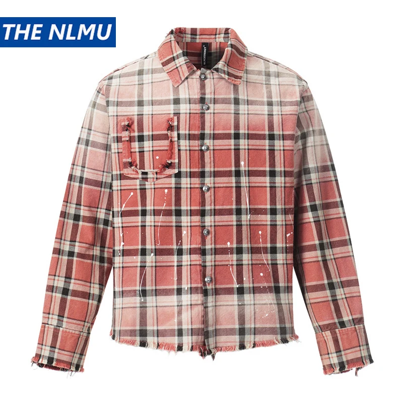 Vintage Washed Gradient Plaid Shirt Men's High Street Long Sleeve Oversized Shirt Unisex Distressed Tops