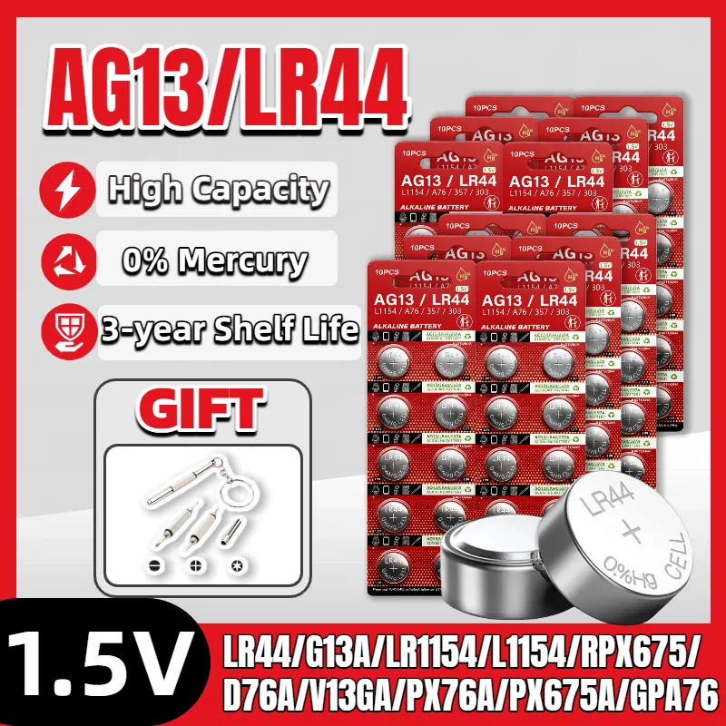 

High-Capacity 1.5V AG13 / LR44 / A76 / SR44 / L1154 / SR1154 Battery for Watches, Toys, Remote Controls & More