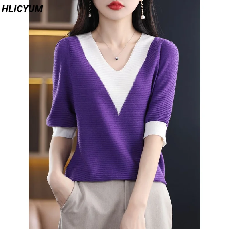 Women's T-shirt Summer New Wool Stitching Sweater Short Sleeve Casual Knitwear V-Neck Ladies Tops Blouse Loose Pullover Tees