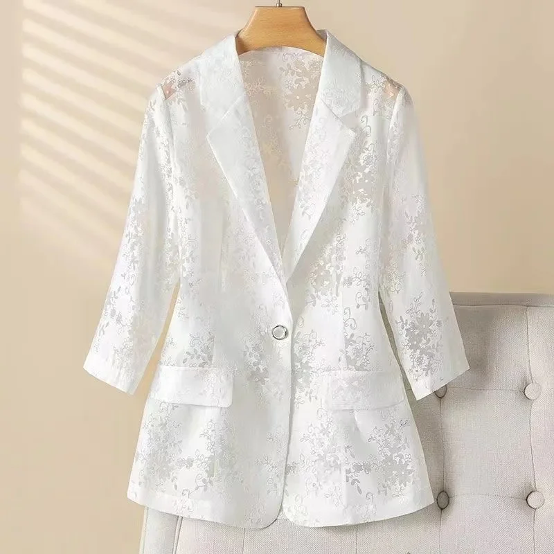 Thin Lace Suit Jacket Women's Blazer New Summer Sun Protection Hollowed Out Three-Quarter Sleeve Suit Casaco Feminino