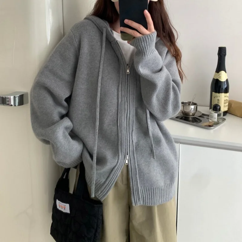 Gray Loose Hood Sweater Women Autumn Winter Fashion Korean Thickened Knitted Tops Double Zipper Hoodie Cardigan Female Y2K Coats