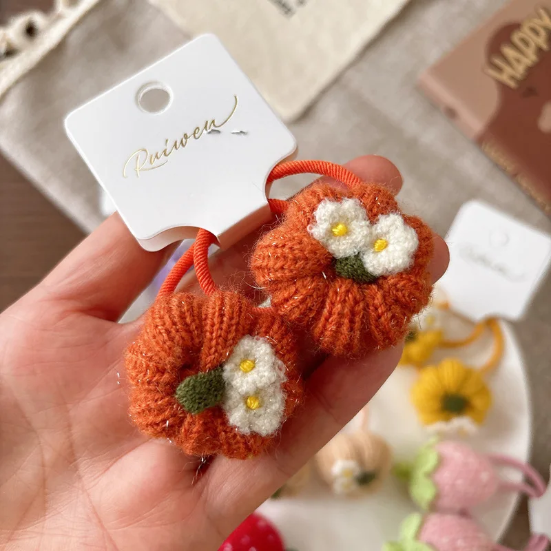 Winter Yarn Hair Ties 3D Strawberry Pumpkin Design Colorful