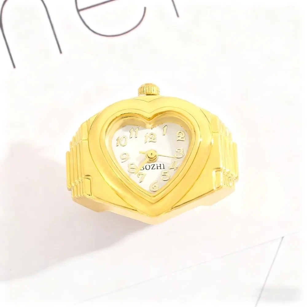 Stainless Steel Mini Finger Watch Adjustable Elastic Strap Heart Shaped Ring Watch Quartz Movement Mini Clock Alloy Ring Watch