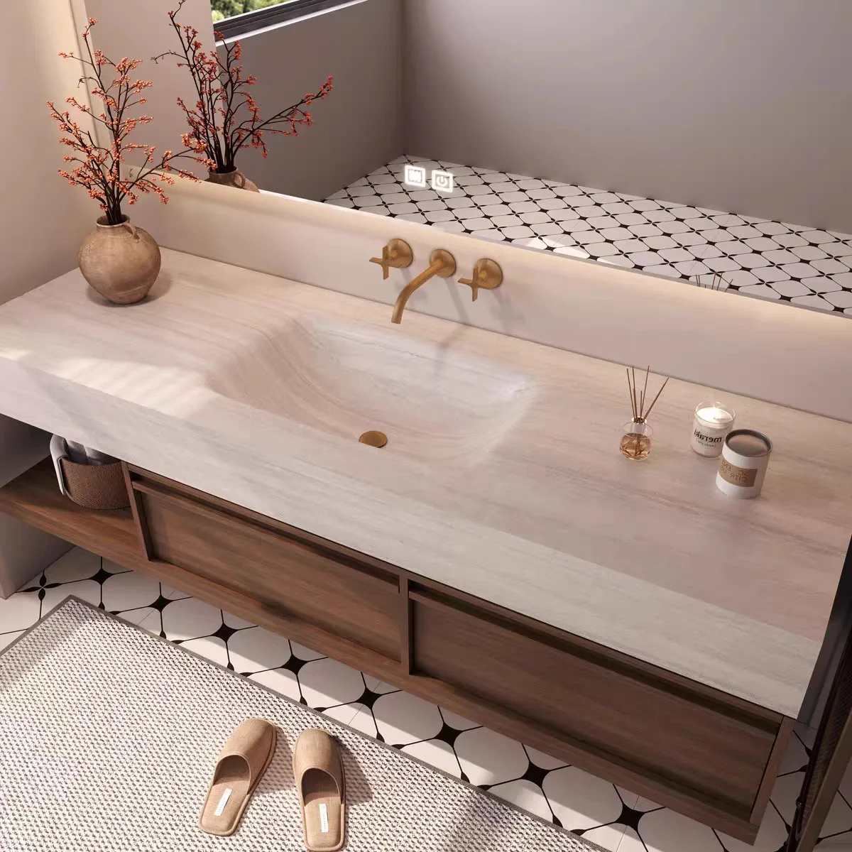 New Chinese Style Rock Plate Hot Bending Integrated Solid Wood Bathroom Cabinet Anti-seepage Ceramic Seamless Basin Wall-Mounted