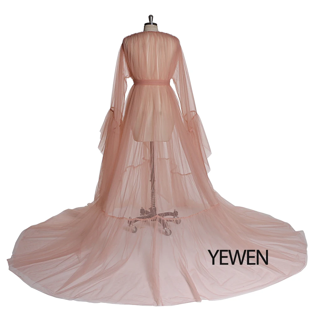 New Design YEWEN Long Sleeve Pink See Though Evening Dress for Photoshoot or Babyshower 2020 Evening Gown Prom Dress