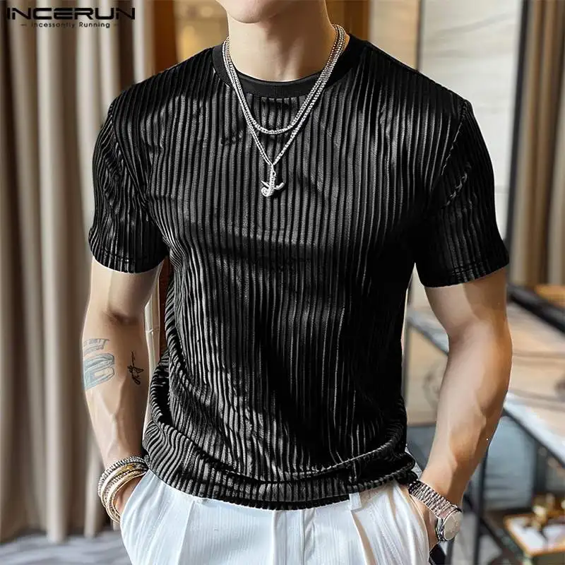 INCERUN Tops 2024 Korean Style Fashion Men O-neck Striped Suede Texture T-shirts Casual Summer Male Short Sleeved Camiseta S-5XL