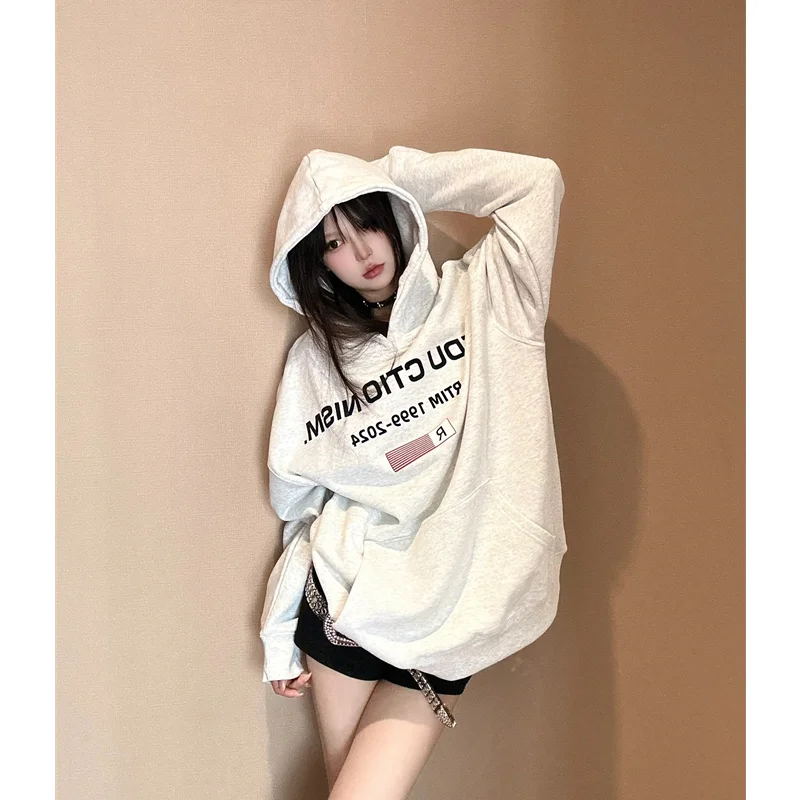 White Gray Womens Clothing Vintage Street Sweatshirt Y2K Letter Pattern Hoodie Pullover Long Sleeves Warm Oversize Ladies Tops