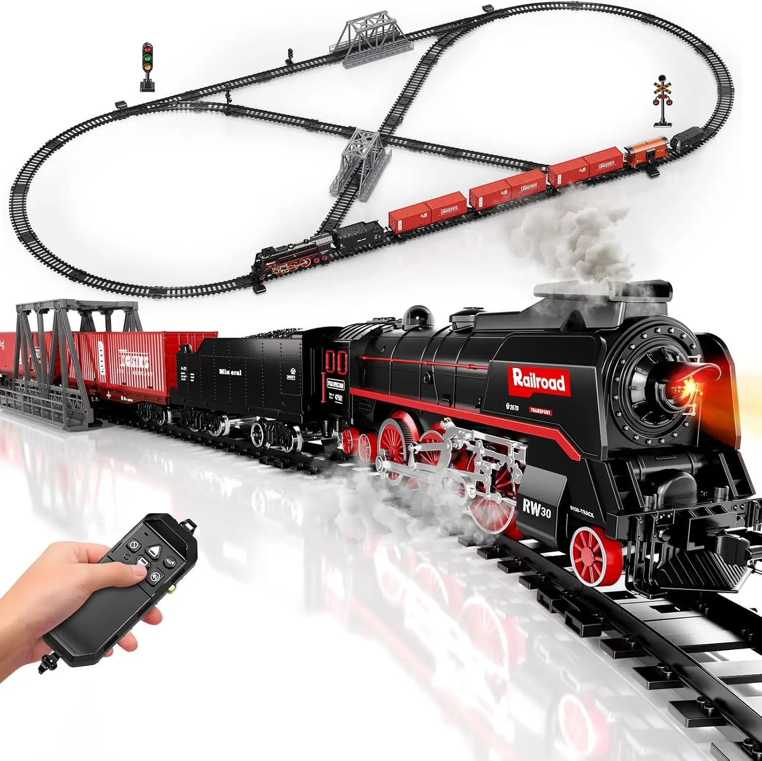 Big Remote Control Train Set with 3-Way Smoke, Lights and Sounds, Great Gift for Boys