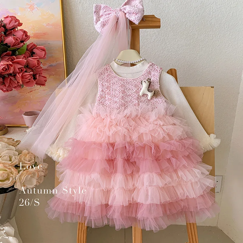 Sweet mesh cake dress spring and autumn long sleeved princess style fluffy skirt for baby girls, two-piece set