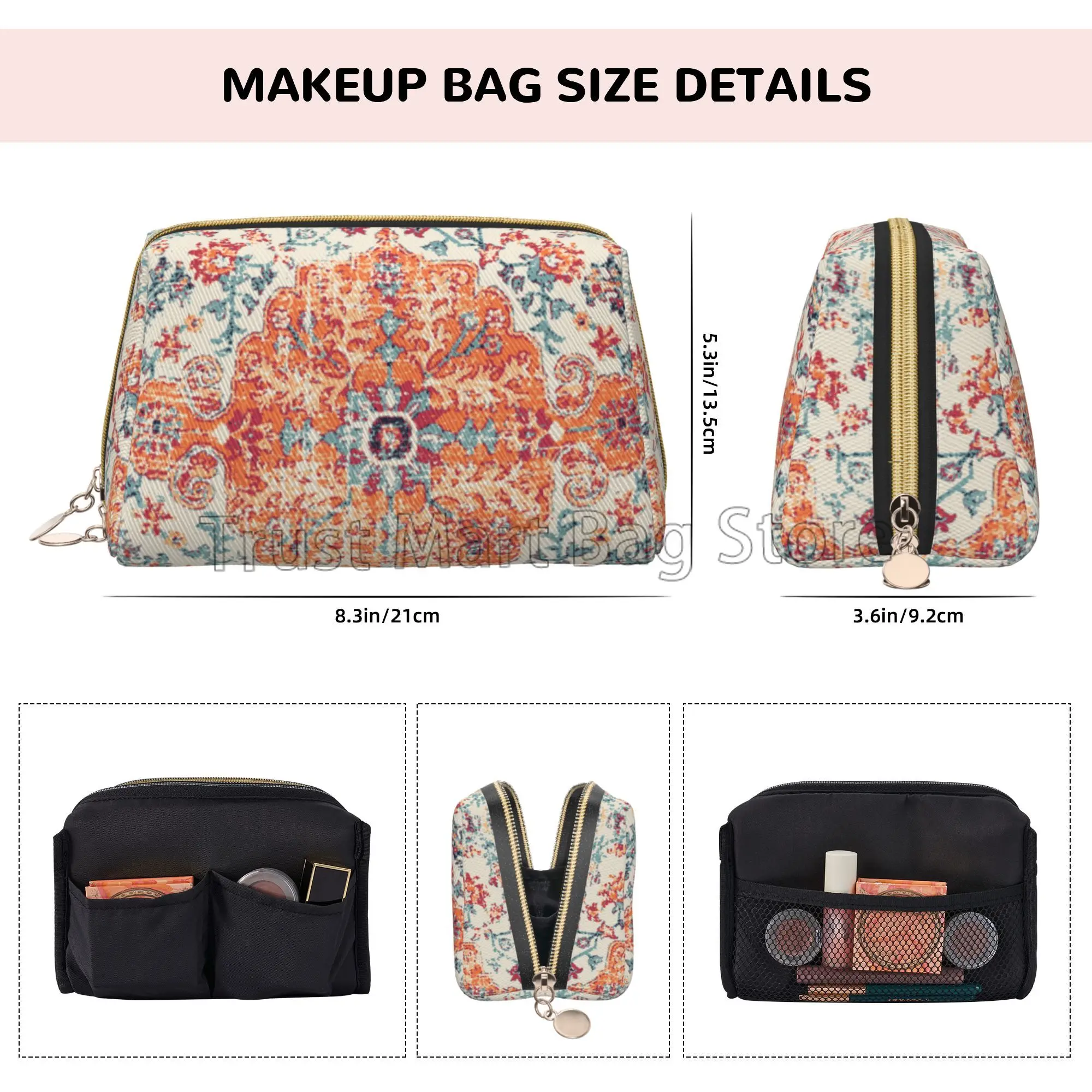 Aztec Terracotta Boho Cosmetic Bag Women Leather Makeup Bag Large Capacity Travel Pouch Bags Zipper Makeup Organizer
