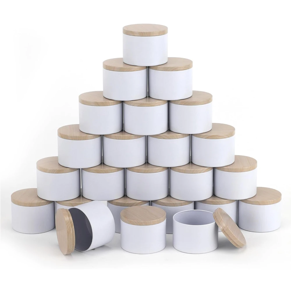White Candle tins with Metal Wood-Grain Printing Lids. Candle Jars,Bulk Candle tins for Making Candles,Candle Making Jars