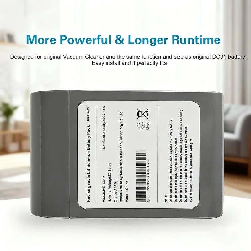 

Rechargeable Lithium Battery 22.2V 6.0Ah (Type A) for Dyson DC31 DC34 DC35 DC44 DC45 Animal 917083-09.