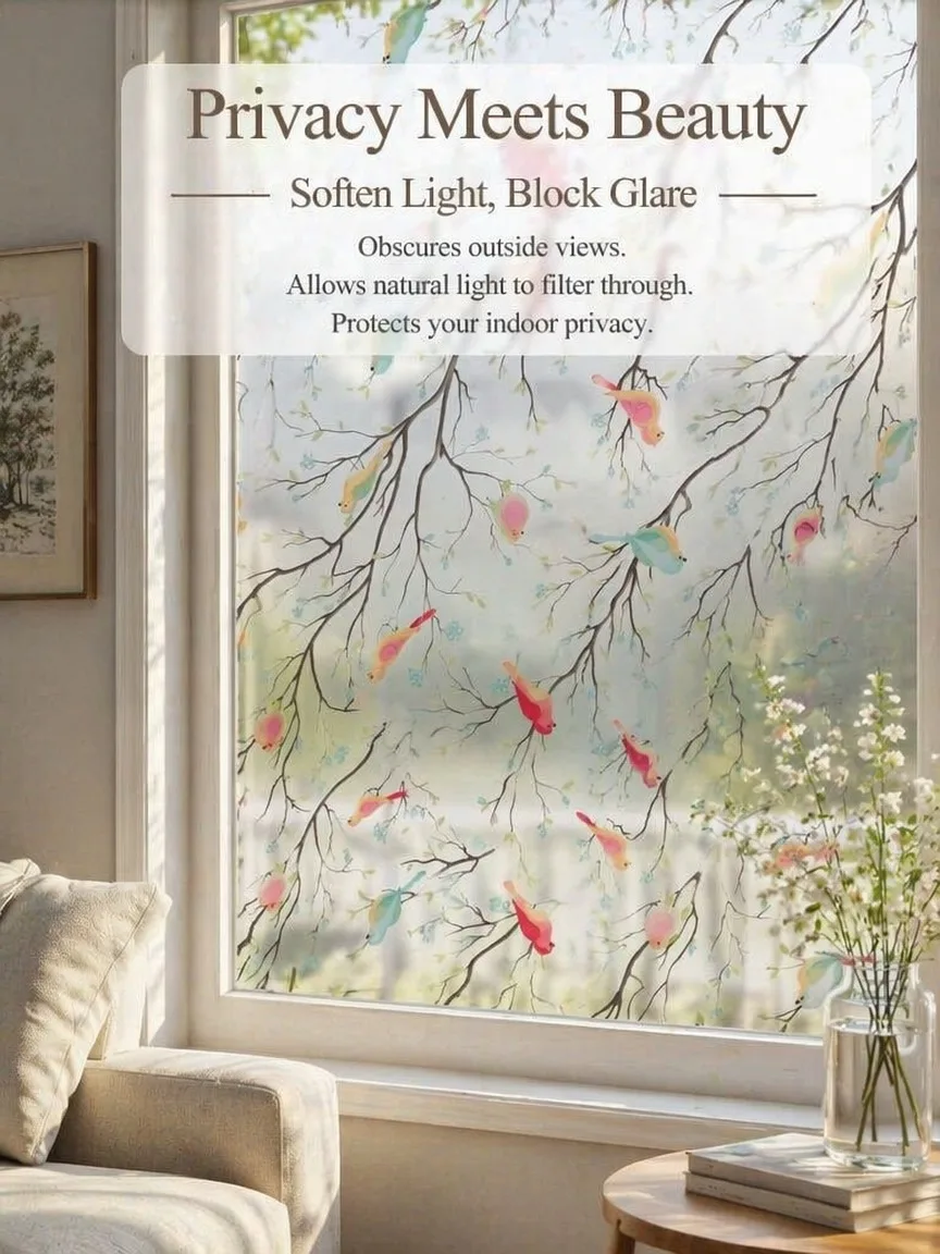 White Bird Pattern 3D Rainbow Holographic Privacy Window Film Static Cling No Glue Translucent for Bathroom Balcony Glass