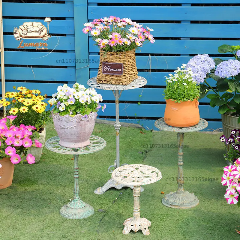 Wrought iron European style old cast iron tall flower stand stool outdoor garden balcony flower pot lifting elevated floor rack