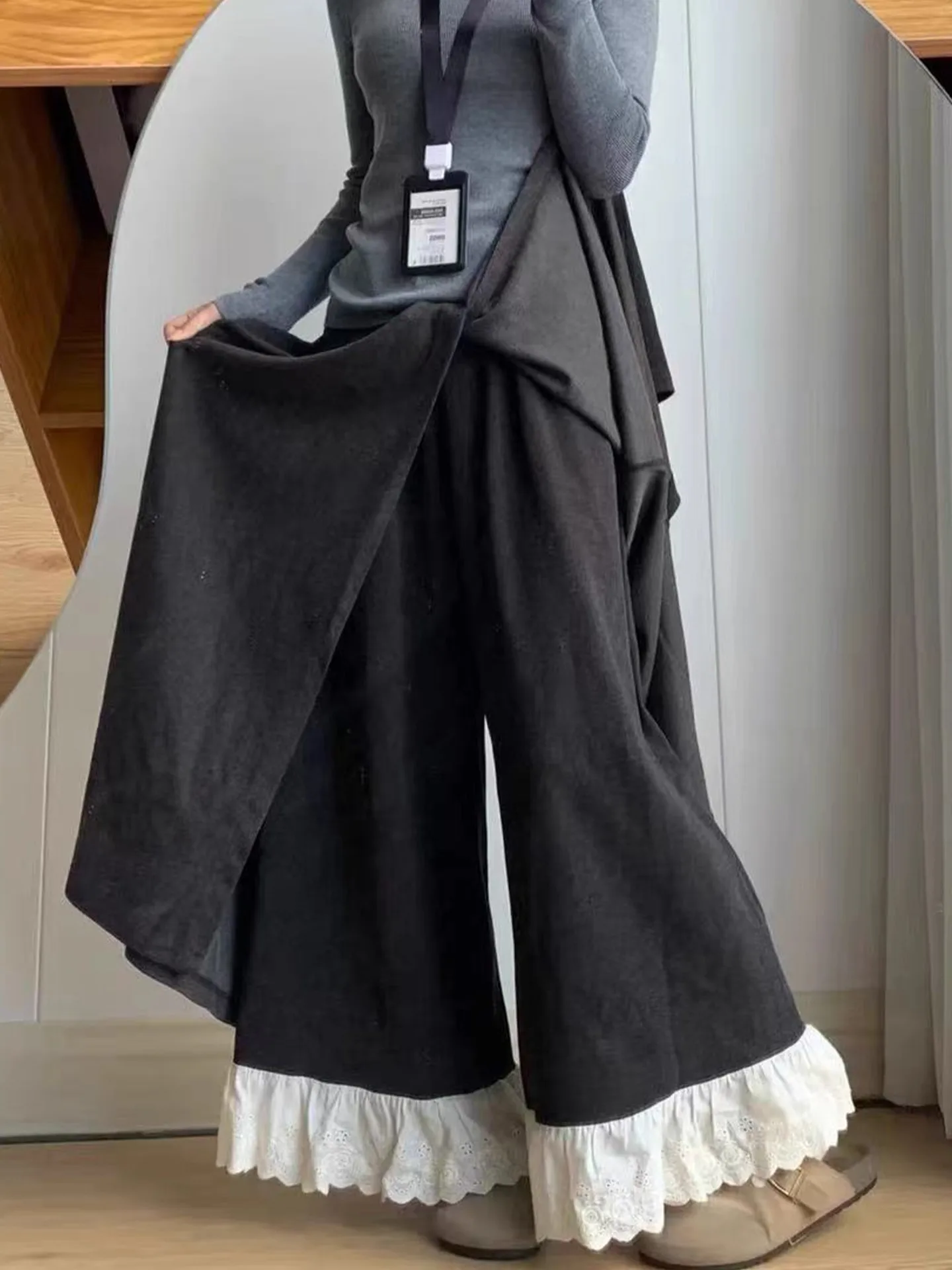 

Женские брюки-юбка с высокой талией и широкими штанинами, осенне-зимние, повседневные, прямые, с подкладкой