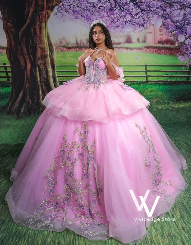 Vestido de Quinceañera Rosa Dulce, Cuello en V, Estilo Princesa, Línea A, Vestido de Gala con Apliques Florales, Cuentas, Volantes y Lazo, Vestidos de 15 Años