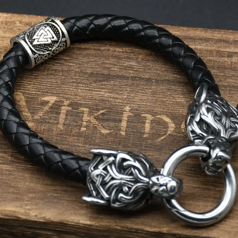 Stainless Steel Wolf Head Bracelets For Women Men Viking Rune Beads Leather Bracelet Jewelry