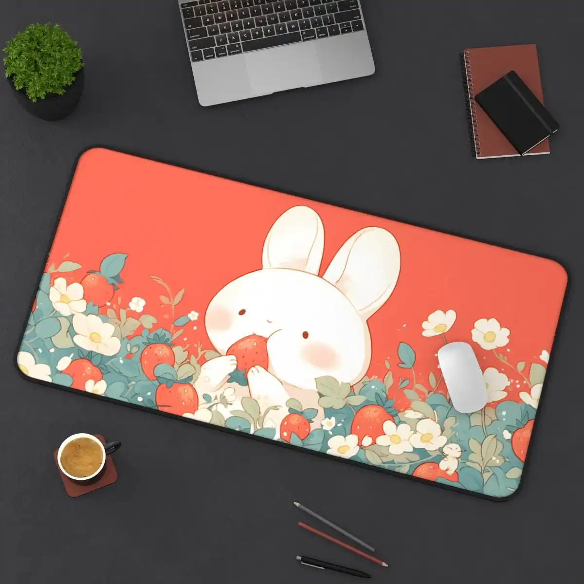 

Kawaii Rabbit Mouse Pad, Strawberry Garden Mouse Pad, Coral Pink Anime Large Mouse Pad, XXL Gaming Accessory, Gamer Carpet.