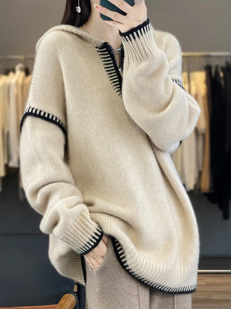 

Fashion 100% Merino Wool Women Sweater Autumn Winter Hooded Knitted Pullover Casual Outerwear Long Sleeve Cashmere Clothing Tops