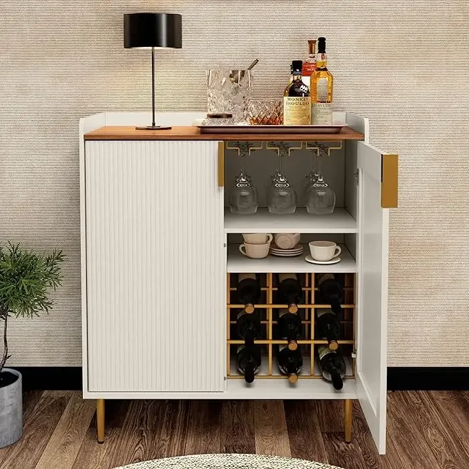 Wine Bar Cabinet with Fluted Texture, Modern Coffee Cabinet with Wine Rack&Glass Holder, White Kitchen Buffet Sideboard